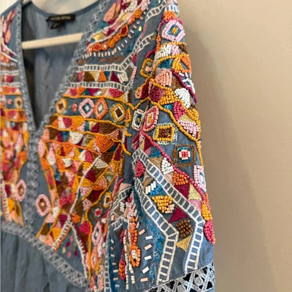 Boston Proper Beaded Long Sleeve Chambray Ruffle Hem Mini Dress Size 12 - Picture 10 of 12